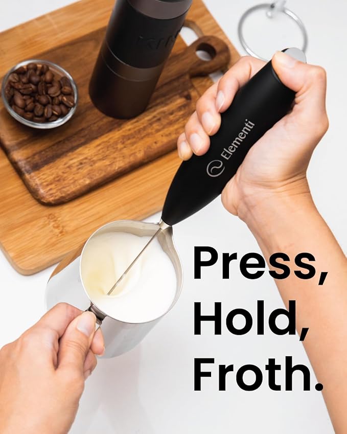 Elementi Milk Frother Wand & Drink Mixer - High Powered Hand Blender, Handheld Coffee Mixer Wand with Stand - Milk Foamer to Make Perfect Cappuccino Lattes & Hot Chocolate at Home (Purple)