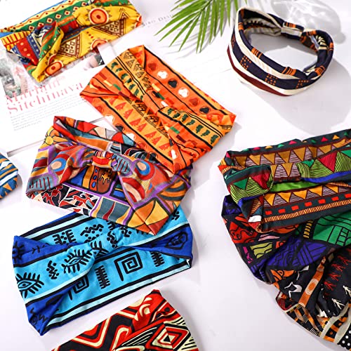 Censen 12 Pcs African Headbands for Women - Chiffon Knotted Assorted Bandeau Headbands Wide Yoga Elastic Hair Wraps - Hair Accessories for Girls Lady Running (Vivid)