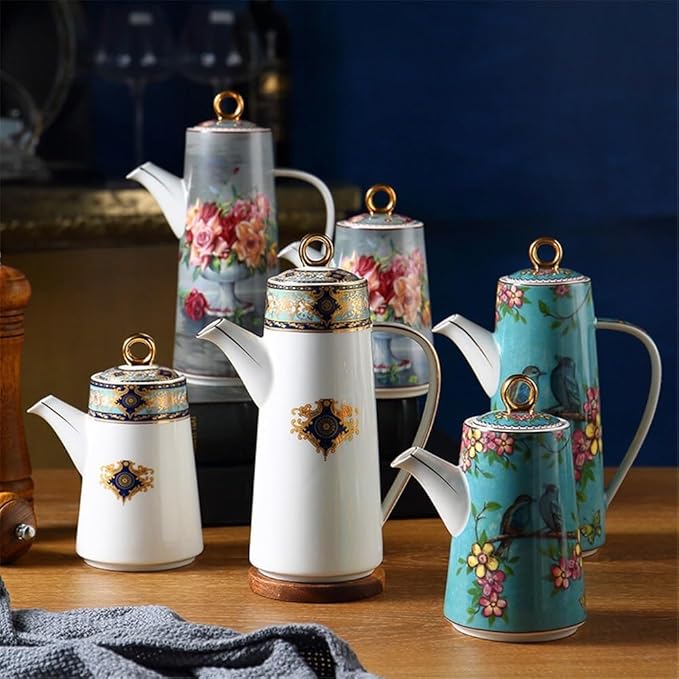 Water Pitcher Ceramic Teapot With Lid Water Pitcher Kitchen Butter Bottle Flower & Bird Finished Wedding Gifts Party Presents 650ML Glass Pot(Gris)