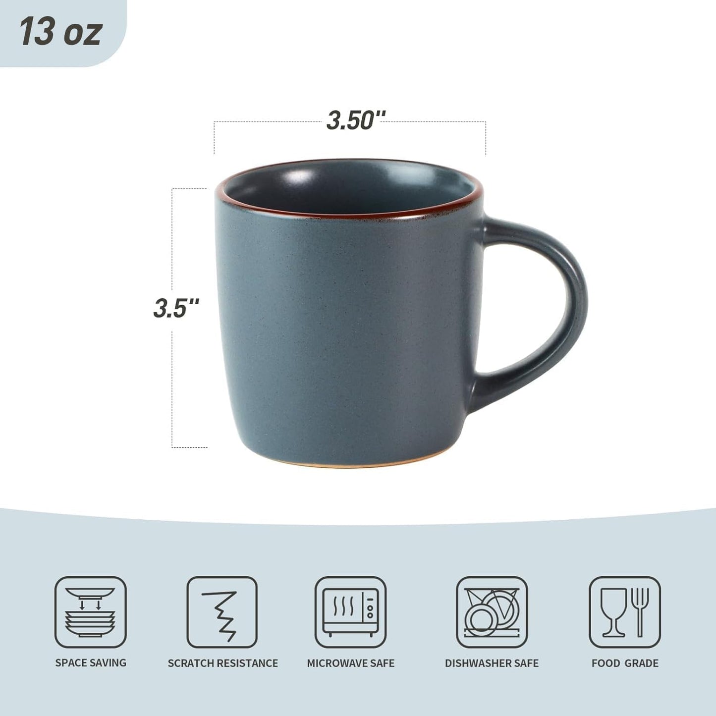 famiware Mercury Coffee Mugs 13 oz, Coffee Mugs Set of 6 with Handle, Cups for Latte, Hot Tea, Cappuccino, Mocha, Cocoa, Charcoal