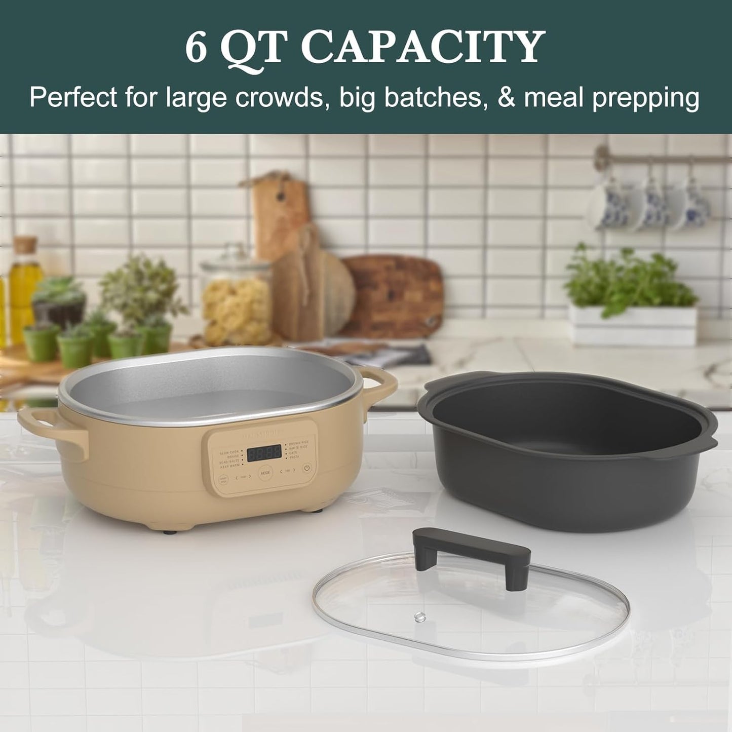 6 Quart Slow Cooker, with 8-in-1 Multi-Cooker, Casserole Programmable crock pot, Dutch Oven, Pasta, Nonstick, Oven Safe Pot to 500°F, Brown