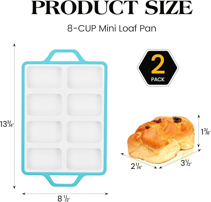 Vinino Silicone Mini Loaf Pans with Metal Reinforced Frame-2 Pack, Non-stick Silicone Bread Pan for Baking 8-Cavity, Tiny Banana Bread Set, Dishwasher Safe Brownie Pan-Blue
