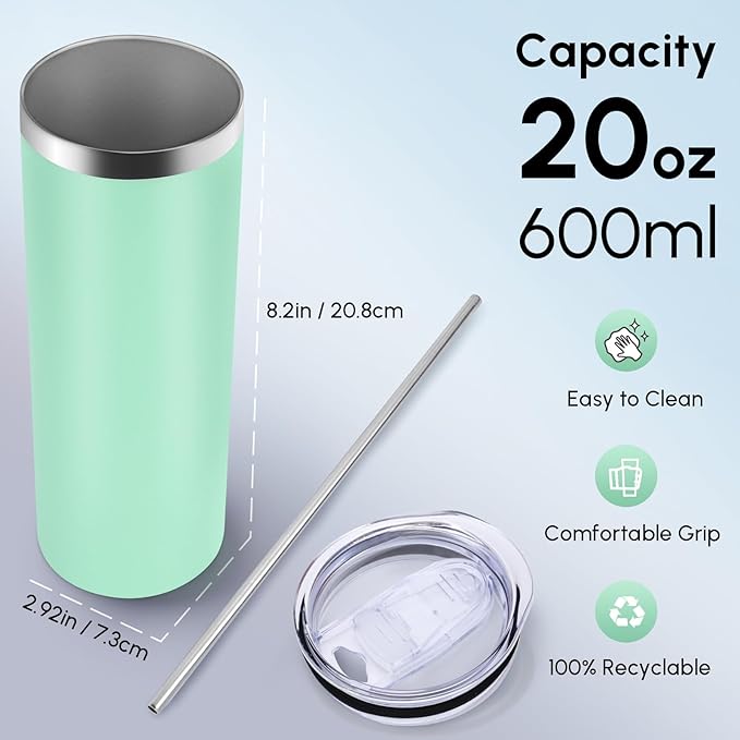 Volhoply 8 Pack Skinny Tumblers with Lid and Straw, 20oz Stainless Steel Straight Tumbler Bulk, Vacuum Insulated Coffee Mug for Home, Office, Travel, DIY (Mint,8 Pack)