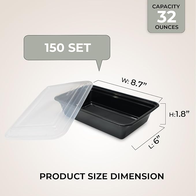 Klex 32 Oz, 150 Sets Meal Prep Containers with Airtight Lids, BPA Free, Reusable Plastic Food Container, 32 oz, Rectangular, Black/Clear, 150 Sets