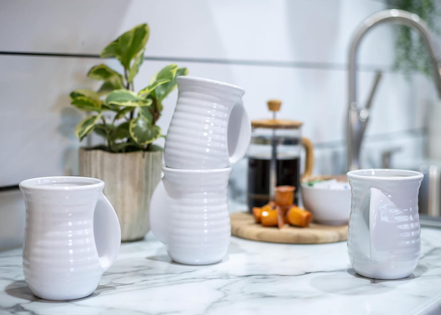 Elanze Designs Ribbed 14 ounce Ceramic Stoneware Handwarmer Mugs Set of 4, White