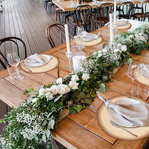 Teling 50 Packs Wood Slices Disposable Table Placemats Round Rustic Brown Wood Slices Place Mat 13 Inch Paper Placemats for Farmhouse Wedding Baby Shower Birthday Party Supplies Decoration