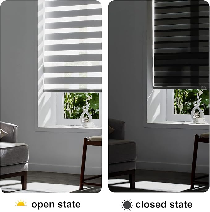 Persilux Cordless Zebra Blinds for Windows (47" W X 47" H, Grey) Free-Stop Roller Windows Shades Dual Layer Light Control for Day and Night, Light Filtering Sheer Shades for Home, Easy to Install