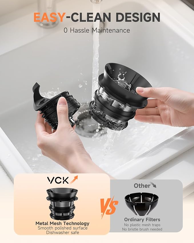 VCK Cold Press Juicer - Large 5.12" Feed Chute, Easy to Clean Slow Masticating for Nutrient Retention Quiet Motor -Silver