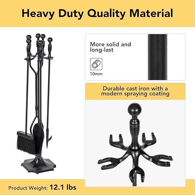 nalone 5 Pieces Fireplace Tools Set, Heavy Duty Wrought Iron Fireplace Accessories Set with Poker, Tong, Shovel, Brush, Fire Place Tools Indoor Outdoor (Black)
