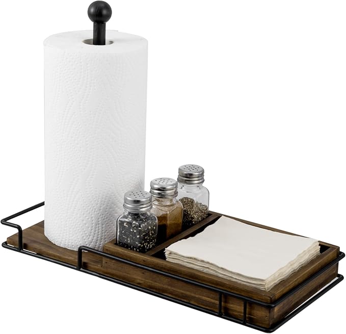MyGift Paper Towel Holder with Napkin Holder and 3 Spice Shakers, Rustic Burnt Solid Wood and Industrial Matte Black Metal Paper Towel Roll Dispenser, Farmhouse Kitchen Stoage