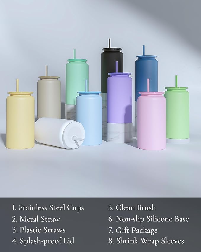 Glass Cups With Lids and Straws, 16oz Stainless Steel Beer and Iced Coffee Cup, Smoothie Drinking Cup, Light Blue (Textured Matte Finish, Not Sublimatable)