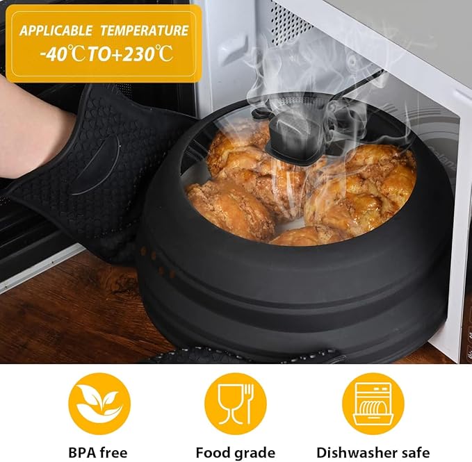 2 Pack Microwave Splatter Cover Glass Guard Lid with Collapsible Silicone for Food Pot Plate 8.5 inch and 9.8 inch Black, Tall Lid and Standard Size Lid