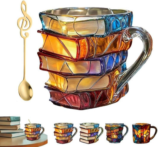 3d Painted Book Coffee Mug, 300ml Stained Glass Painted Book Mug with Spoon, Funny Tumblers Books, Novelty Coffee Cup Gifts for Writers Books Lovers (A Style)