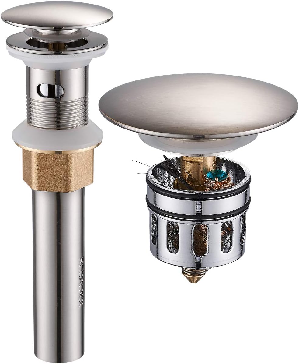 Vessel Sink Drain for Bathroom, Pop-up Drain With Detachable Basket Stopper, Anti-Explosion And Anti-Clogging Drain Strainer, Sink Drain Assembly With Overflow Brushed Nickel, REGALMIX RWF083J