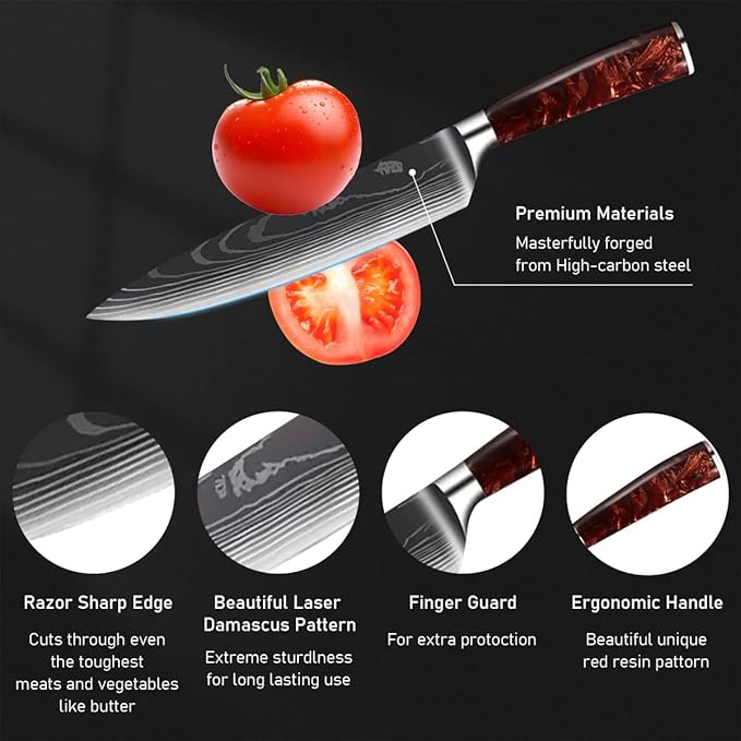 8-Piece Premium Japanese Kitchen Knife Set - Imperial Collection, Laser Damascus Pattern, 440A Stainless Steel Ultra Sharp for Fast Cutting (DMS-8A-Red)