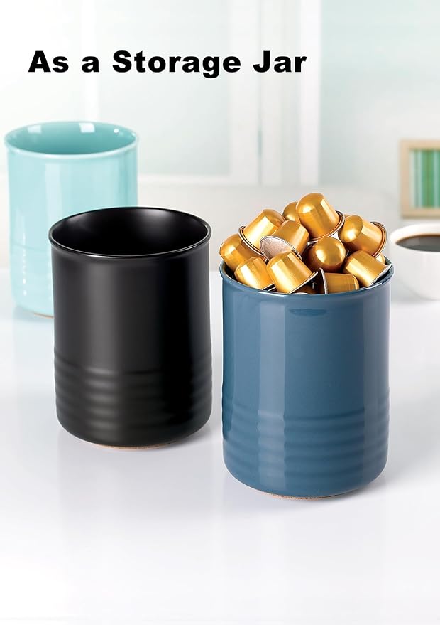 Utensil Holder, 6.7" Ceramic Kitchen Utensil Crock for Countertop Cooking, Modern Utensil Caddy Jar Organizer for Farmhouse Kitchen Counter Décor, Turquoise