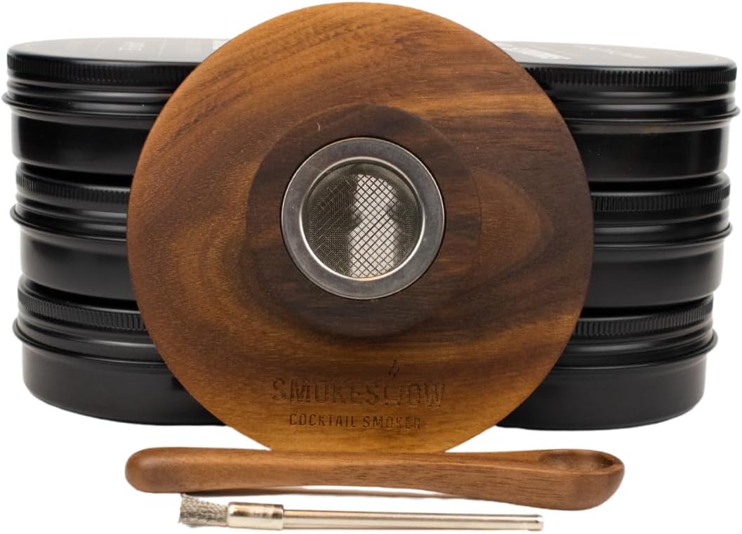 Premium Walnut Wood Cocktail Smoker with Six 4 oz Tins of Wood Chips. Great for Whiskey & Old Fashion. Coated in Safe Food Natural Beeswax, Non-Toxic Top by Smokeshow (6-Pack)