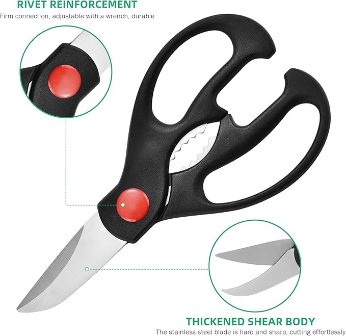 Multipurpose kitchen scissors, heavy duty meat poultry scissors, spice scissors, food cooking scissors, stainless steel utility scissors (1, black)