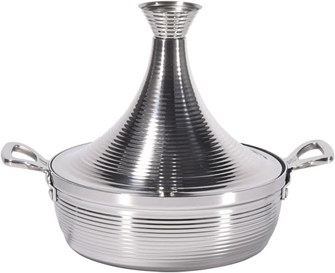 Moroccan Tagine Cooking Pot,Stainless Steel Non Stick Moroccan Casserole with 2 Handles,Large Moroccan Cooker Handmade Tagine Pot with Cone-Shaped Lid(27cm, Silver)