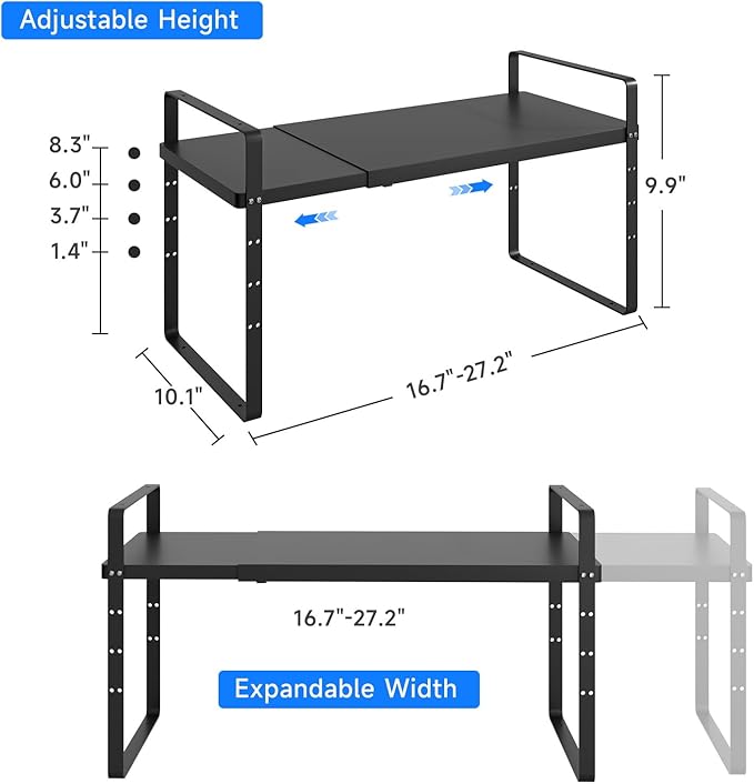 Expandable Cabinet Shelf Organizer, Stackable Kitchen Pantry Counter Storage, Adjustable Closet Cupboard Stand Rack Risers Spice Organization 80LBS Heavy Duty Black Large 1 Pack