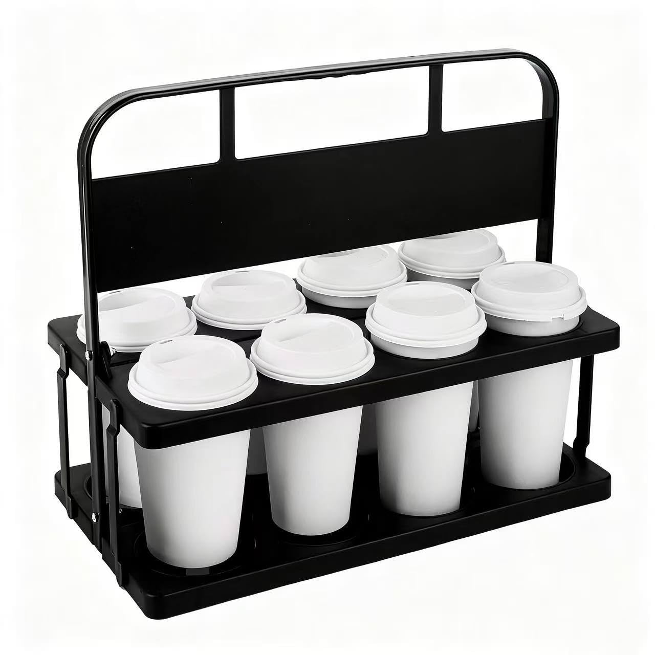 Bodaon 8 Cup Drink Carrier with Handle, Plastic Cup Carriers for Drinks, Drink Holder for Car, GrubHub/Eats Doordash Accessories, Portable Foldable Reusable Mobile, Use for Food Delivery Bag, Black