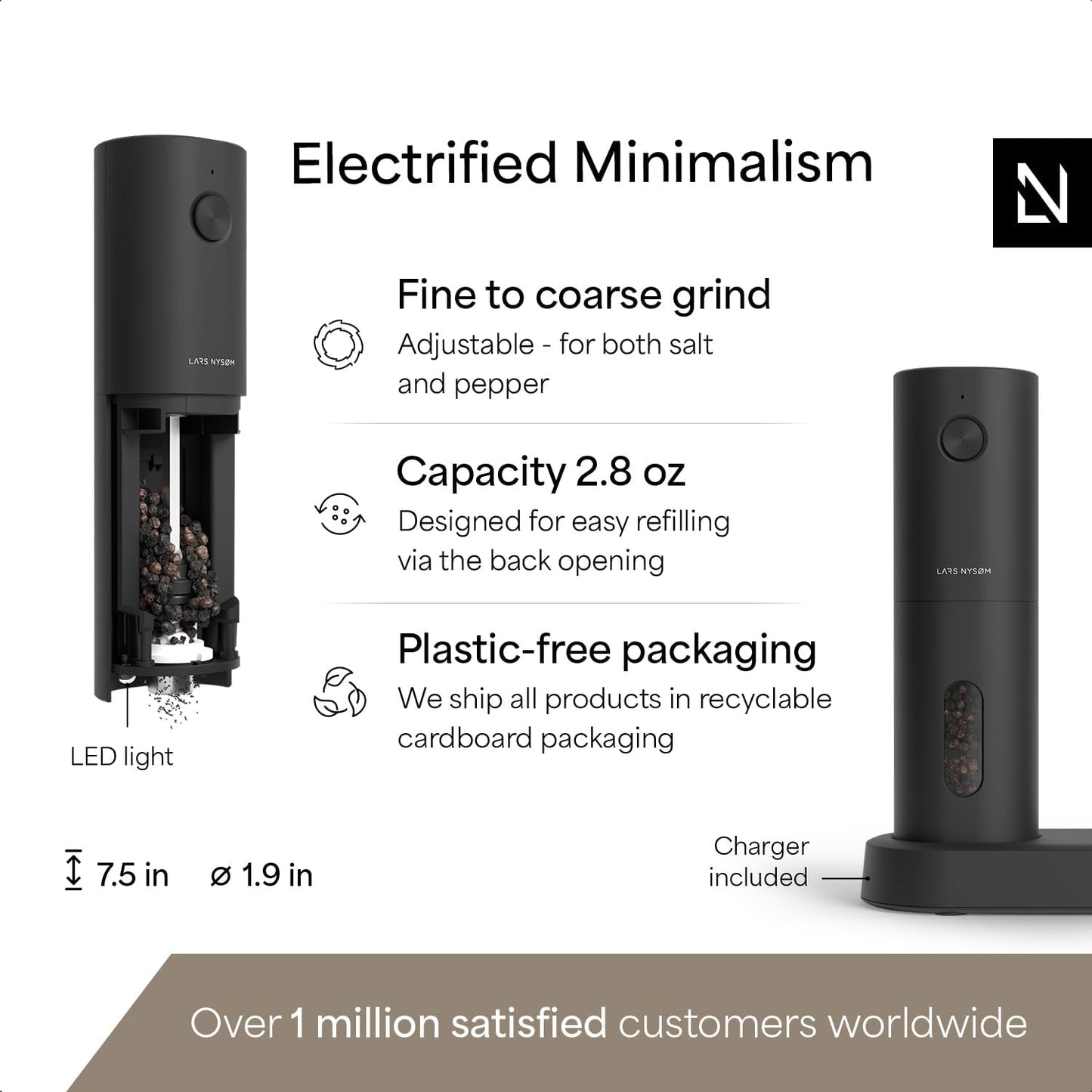 LARS NYSØM Electric Salt and Pepper Grinder Set, USB Rechargeable, Automatic Salt and Pepper Mills, Spice Shakers Refillable with LED Light, Adjustable Coarseness, Ceramic Grinder (Carbon Black)