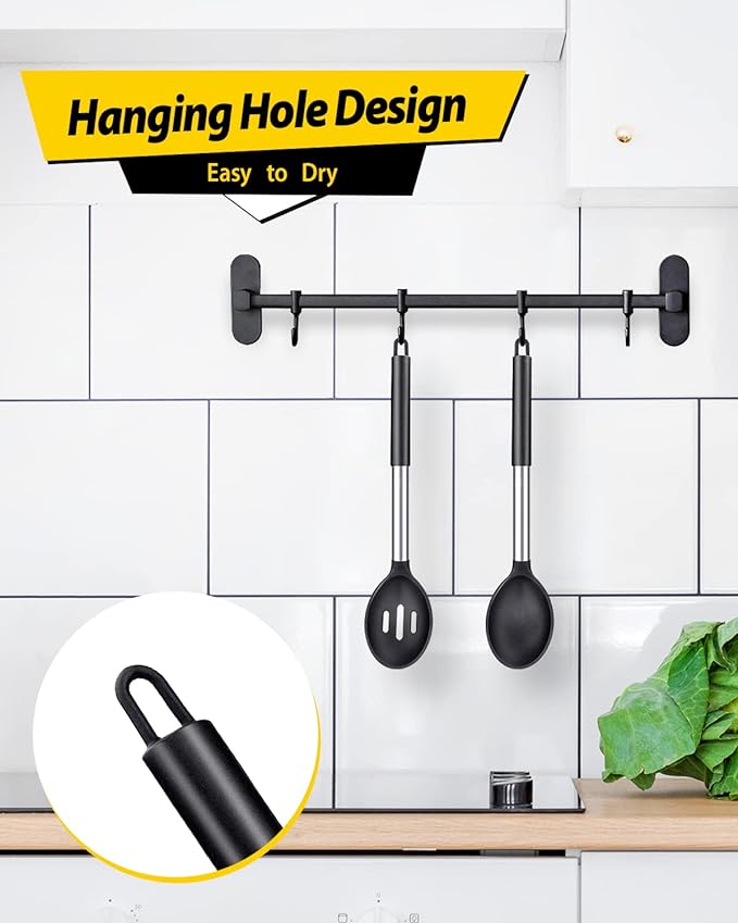 Pack of 2 Large Silicone Cooking Spoons,Non Stick Solid Basting Spoon,Heat-Resistant Kitchen Utensils for Mixing,Serving,Draining,Stirring (BLACK)