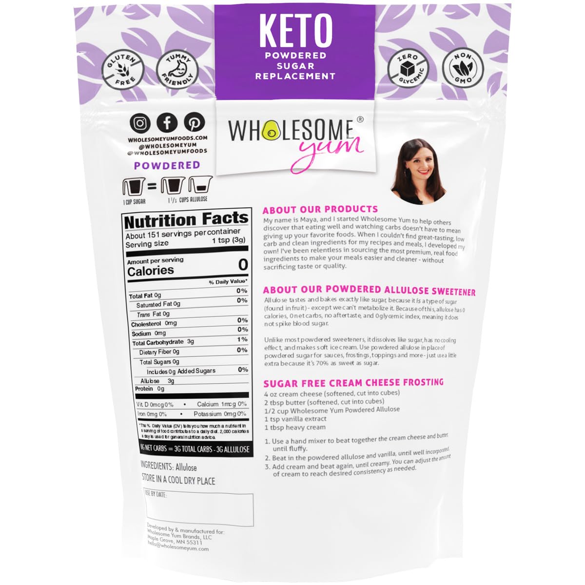 Wholesome Yum Powdered Allulose Sweetener - Natural Powdered Sugar Substitute - Keto, Non GMO, Zero Carb, 0 Calorie, Sugar Free, No Aftertaste Tummy Friendly - Confectioners Sugar Replacement (1 lb)