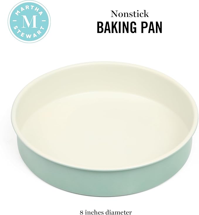 Martha Stewart Gallen 8 Inch Round Nonstick Carbon Steel Cake and Bake Pan - Teal Durable Bakeware for Cakes, Pies & Desserts