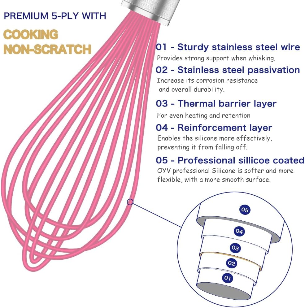 Pink Silicone Whisk, Professional Whisks For Cooking Non-Scratch, Stainless Steel & Silicone Wisk, Plastic Rubber Whisk Tool For Nonstick Cookware Pans, Silicon Wisks Set of 3