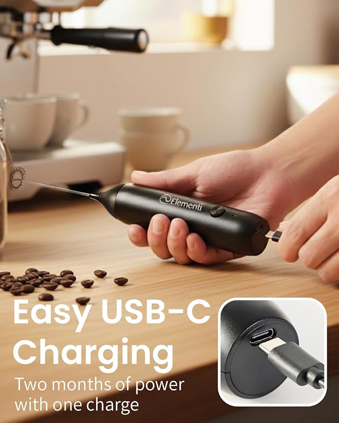 Elementi Pink Milk Frother Wand Rechargeable Drink Mixer - Powerful USB-C Rechargeable Frother & Coffee Stirrers Electric - Hand Held Whisk to Make Perfect Cappuccinos, Lattes & Drink Mixes at Home