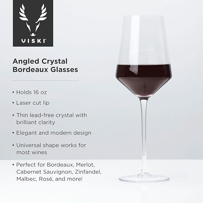 Viski Raye Angled Bordeaux Wine Glasses, Elegant and Modern Drinking Glasses for Red Wine, Crystal Stemmed Glassware, Home Bar, Dinner Party, Wedding Gifts, Hosting Essentials, 16 oz, Set of 2