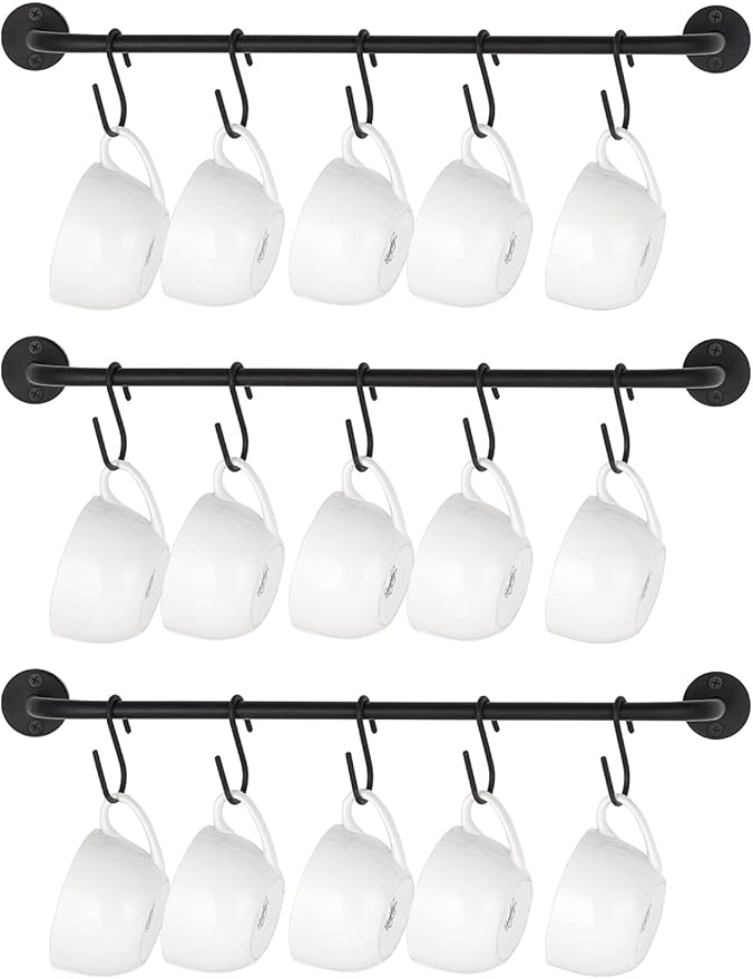 Mkono Mug Holder Wall Mounted Coffee Cup Rack Hanger Modern Metal Wall Rack with 15 Mug Hooks Rustic Utensil Tea Cups Storage Organizer for Kitchen Dining Room Coffee Bar, Set of 3, Black