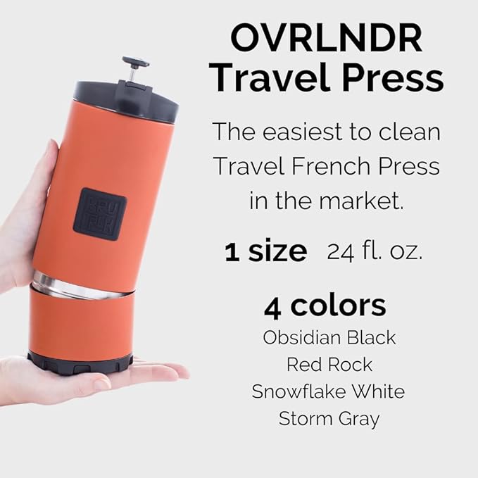 BruTrek® by Planetary Design OVRLNDR Travel Coffee French Press, 24 fl.oz Drinkable Capacity, Vacuum Insulated, Easy To Clean Removable Bottom, No Spill Lid, On The Go Coffee Brewing (Red Rock)