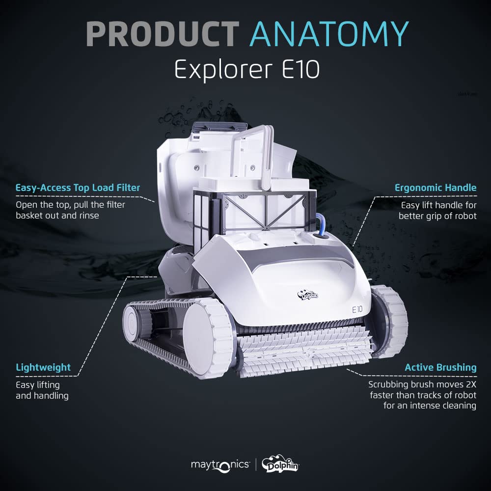 Dolphin (2025 Model) E10 Automatic Robotic Pool Vacuum Cleaner, Active Scrubber Brush, Top Load Filters Access, Ideal for Above-Ground Pools up to 30 FT in Length