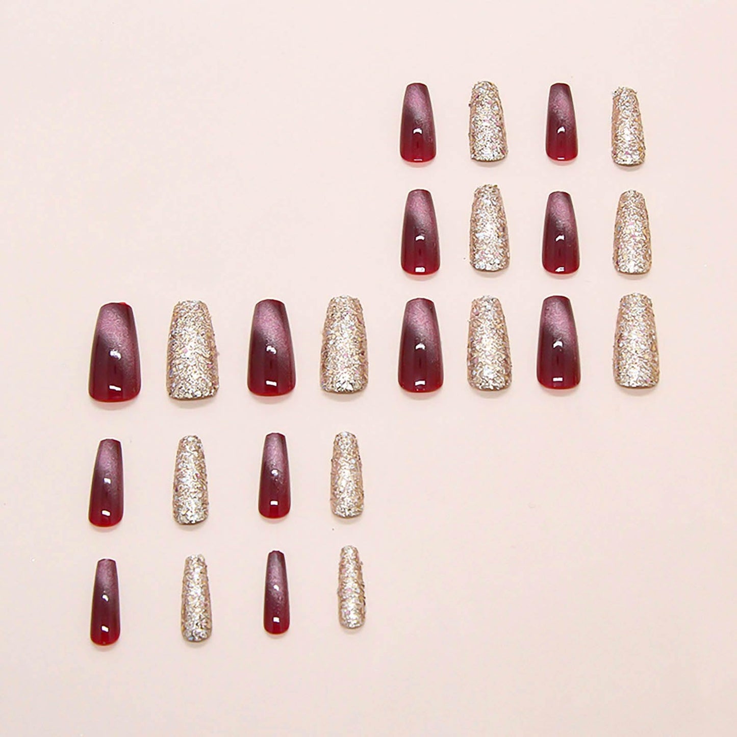 RUOKEXIN Long Coffin Press on Nails Cat Eye Fake Nails Gold Glitter False Nails with Designs Long Nail Press ons Full Cover Glue on Nails Sparkly Artificial Nails Cute Stick on Nails for Women 24Pcs
