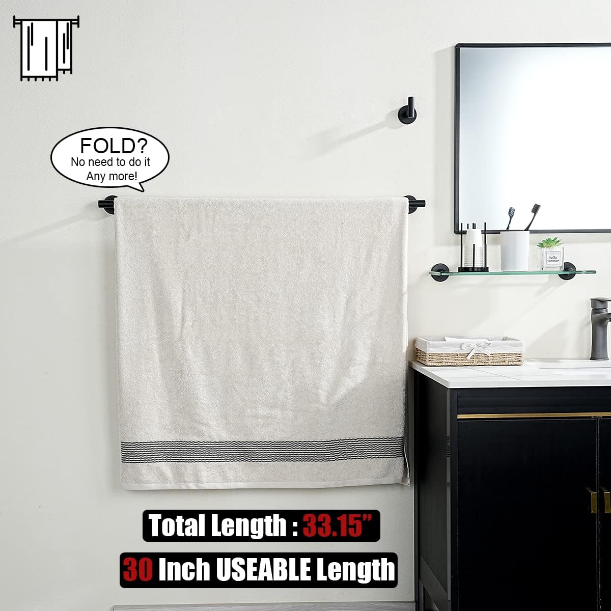 JQK Black Bath Towel Bar, 33 Inch 304 Stainless Steel Thicken 0.8mm Towel Rack Bathroom, Towel Holder Matte Black Wall Mount, Useable Length 30 Inch, TB110L30-PB