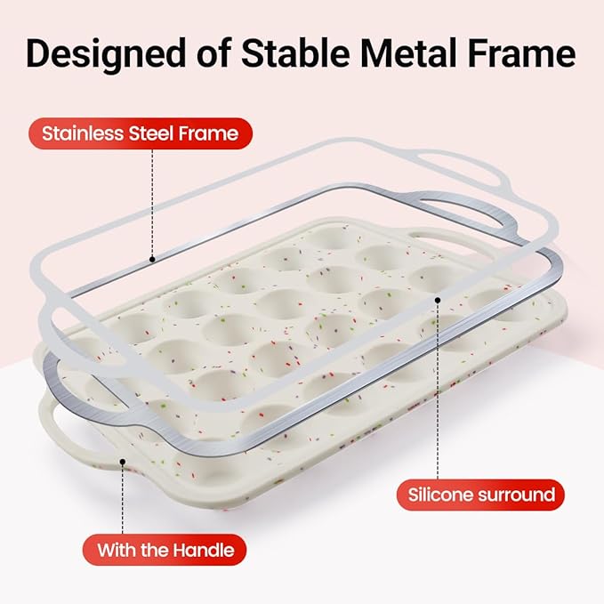CAKETIME Mini Cupcake Pans, Metal Reinforced Frame Silicone Mini Muffin Pan Nonstick 24 Cups Easy to Handle for Baking Muffins, Cupcakes, Egg Bites 1 Pack