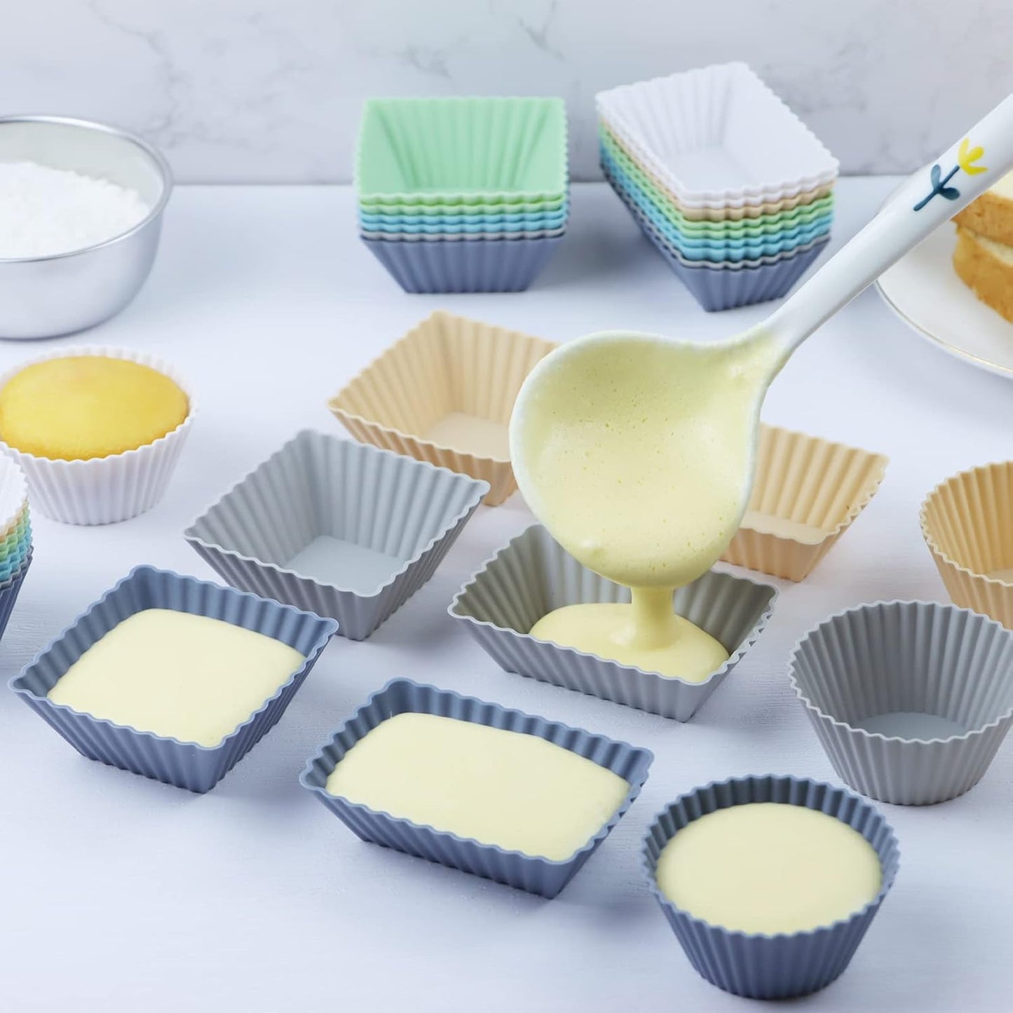 12-Pack Silicone Cupcake Liners, Reusable Muffin Cups – Round, Square & Rectangle Baking Cups, Non-Stick, Easy to Clean, Bento Box Accessories, Lunch Box Dividers for Kids