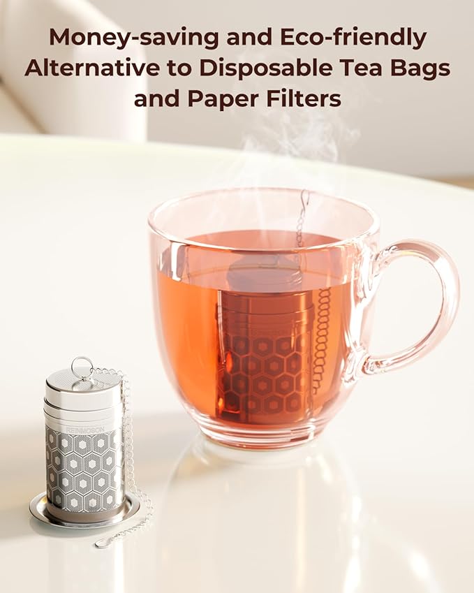 2 Pack Reinmoson Mini Tea Strainers for Loose Tea, Extra Fine Mesh Tea Infuser, 304 Stainless Steel & Updated Slim Threaded Lid, Loose Leaf Tea Steeper for Black Tea, Rooibos, etc