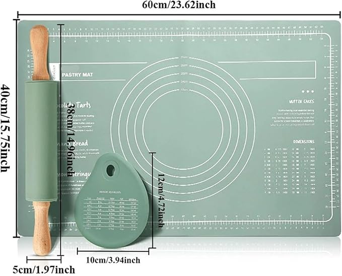 Silicone Measuring Kneading Pad Set Household Rolling Pin Dough Large Thick Non-slip Non-stick Bottom Baking Tool(Three piece set blue)