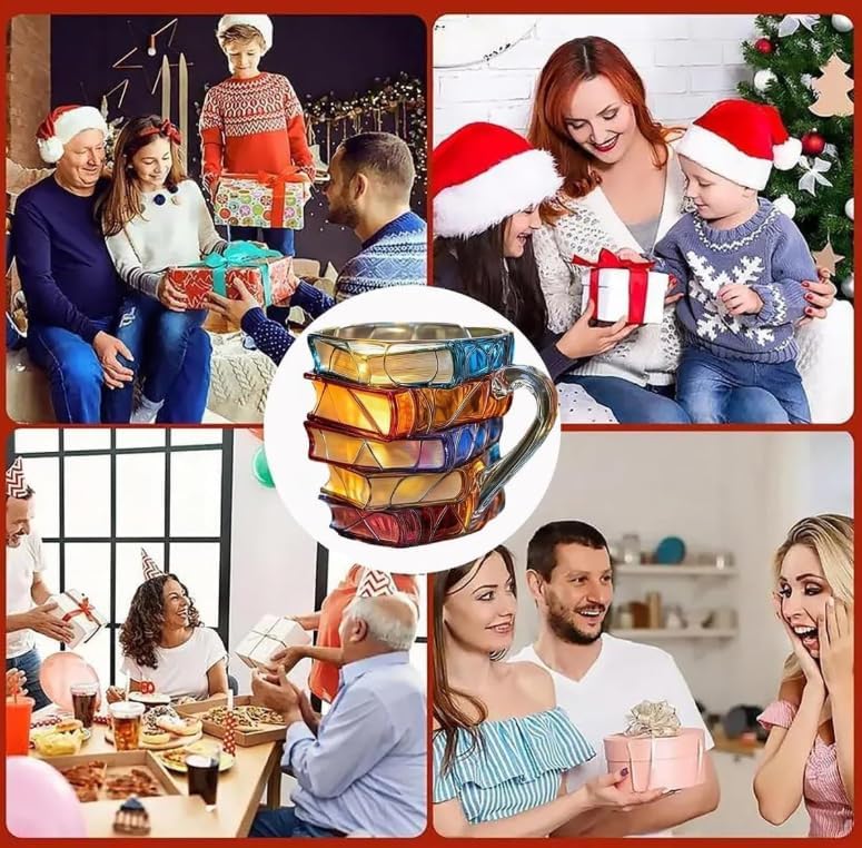 3d Painted Book Coffee Mug, 300ml Stained Glass Painted Book Mug with Spoon, Funny Tumblers Books, Novelty Coffee Cup Gifts for Writers Books Lovers (A Style)