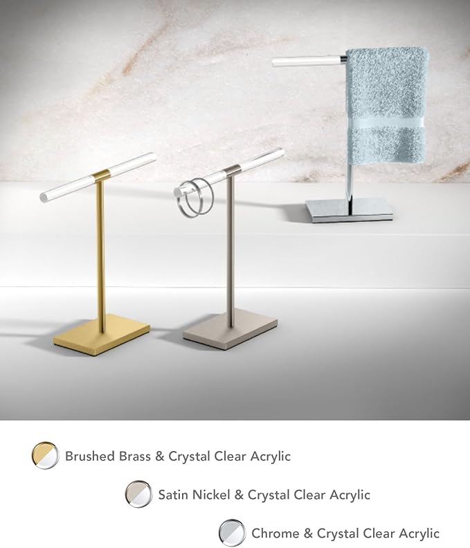 Gatco 1344B, Modern Rectangle Base Freestanding Countertop Towel Holder, Brushed Brass/Acrylic / 10.50" W x 11.13" H T-Shape Style Countertop Hand Towel Holder for Bathroom, Kitchen Towel Rack