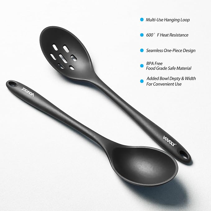Silicone Slotted Spoons for Cooking - Extra Large Kitchen Spoons for Mixing, Serving, & Stirring - 600°F Heat-Resistant Non Stick Utensils Skimmer- Dishwasher Safe, Black