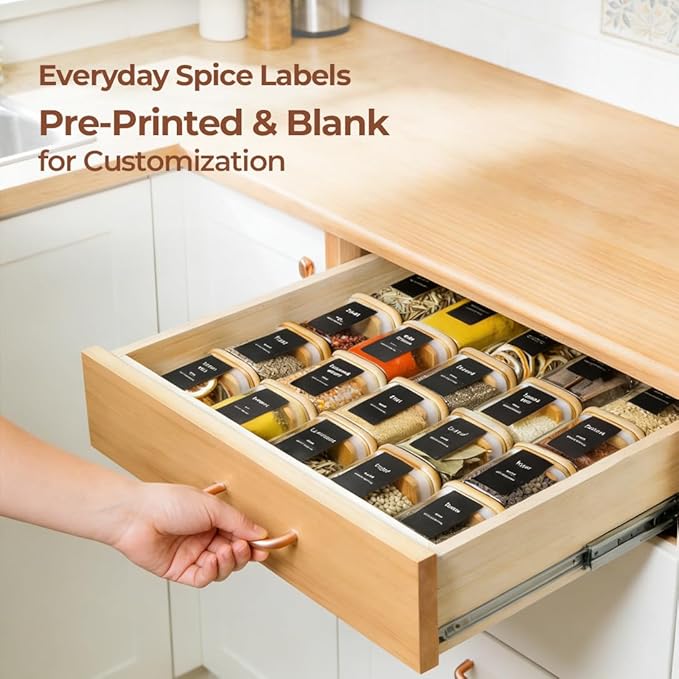 ComSaf 12Pcs Spice Jars with Labels, Glass Jar with Bamboo Lid, 8oz Airtight Square Containers with Black Lables, Empty Seasoning Jars for Spice, Salt, Pepper, Sugar