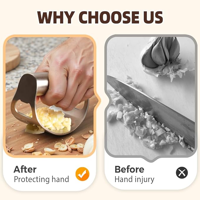 2025 New Stainless Steel Garlic Presser, Portable Manual Stainless Steel Garlic Press for Home Kitchen Utensils, Upgrade Rocker Crusher Masher with Garlic Peeling (1)