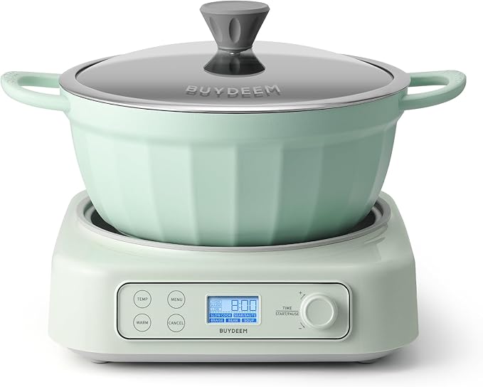 BUYDEEM 5-in-1 Slow Cooker 4.7QT with Removable Nonstick Stockpot, Compatible with Various Cookwares, Two Temperature Controls, Customized Time Settings, Auto Keep Warm for 2H, Cozy Greenish
