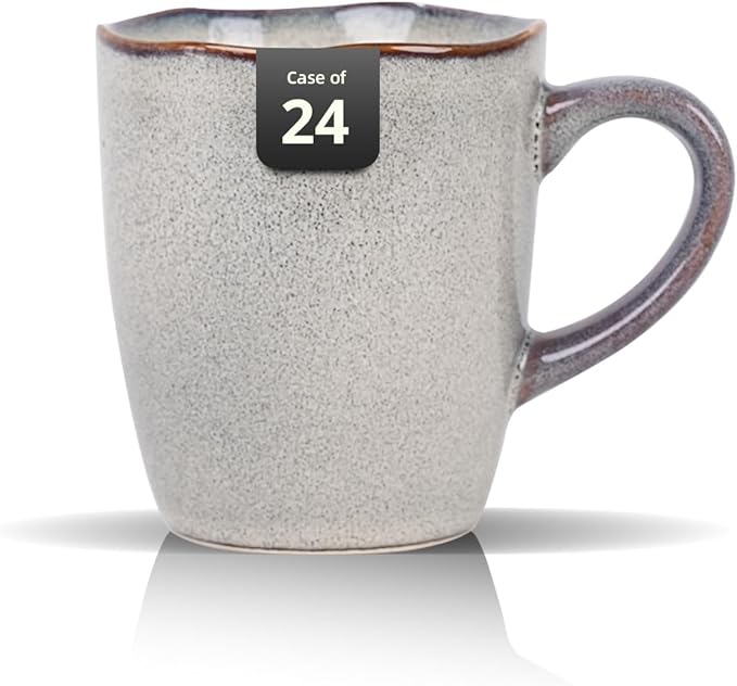 Organic Shape Restaurant Mug 12oz, Commerical Grade Catering Stoneware Coffee Mug in Ir-regular Organic Shape, Chip & Scratch Resistant, Glossy Reactive Glaze Grey, Case of 24