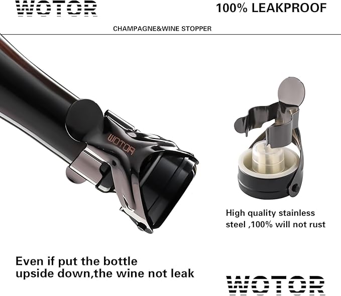 WOTOR Champagne&Wine Bottle Stoppers Stainless Steel with Food Grade Silicone, Leak Proof Keep Fresh Reusable Saver, Cork Suitable for Wine, Champagne, Cava, Prosecco and Sparkling (12 Pack Black）