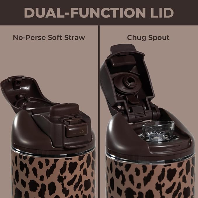 HydroJug Ease2o Water Bottle with Straw & Chug Lid, Stainless Steel, Vented Cap to Help Reduce Pressure, Water-Level Window, Cup Holder Friendly, Non-Slip Base – 32oz, Brown Leopard